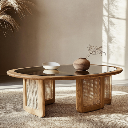 Wabi-sabi living room, fabric, Japanese tatami, small-sized apartment, rattan woven tea table, coffee table storage, circular homestay storage - Image 2