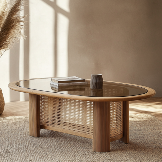 Wabi-sabi living room, fabric, Japanese tatami, small-sized apartment, rattan woven tea table, coffee table storage, circular homestay storage