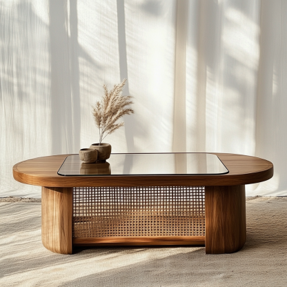 10 Wabi-sabi style solid wood rattan woven coffee table, Nordic modern and simple creative living room home light luxury round tea table - Image 5