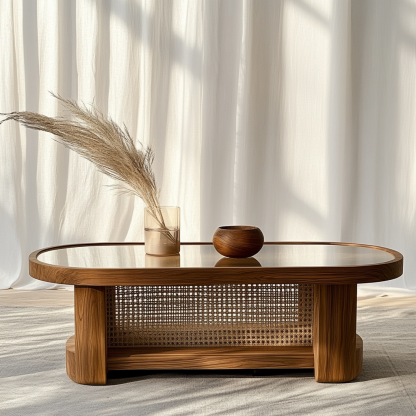 10 Wabi-sabi style solid wood rattan woven coffee table, Nordic modern and simple creative living room home light luxury round tea table - Image 4