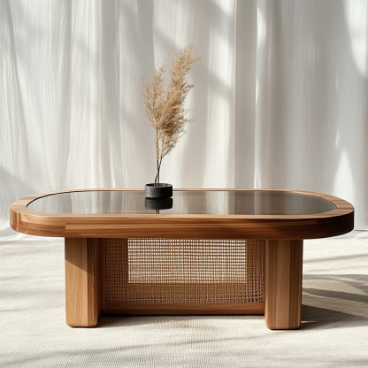 10 Wabi-sabi style solid wood rattan woven coffee table, Nordic modern and simple creative living room home light luxury round tea table - Image 3