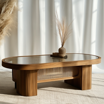 10 Wabi-sabi style solid wood rattan woven coffee table, Nordic modern and simple creative living room home light luxury round tea table - Image 2