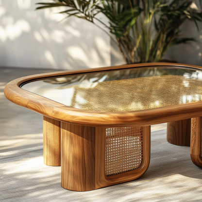 A modern, simple, light luxury and high-end coffee table made of solid wood and rattan in a tea house wabi-sabi style for a living room and small-sized home