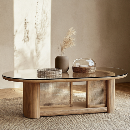 A modern, simple, light luxury and high-end coffee table made of solid wood and rattan in a tea house wabi-sabi style for a living room and small-sized home - Image 3