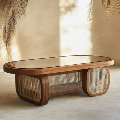 Wabi-sabi style solid wood round coffee table, homestay style creative rattan weaving storage, original wood tea table, modern and simple living room - Image 9