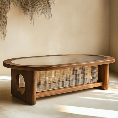 Wabi-sabi style solid wood round coffee table, homestay style creative rattan weaving storage, original wood tea table, modern and simple living room - Image 8