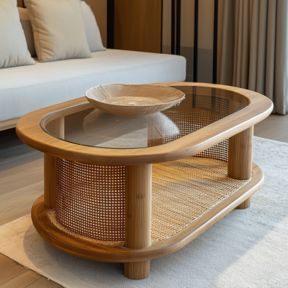Wabi-sabi living room, fabric, Japanese tatami, small-sized apartment, rattan woven tea table, coffee table storage, circular homestay storage - Image 6