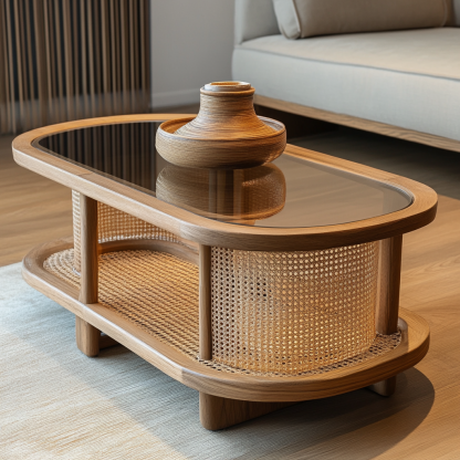 Wabi-sabi living room, fabric, Japanese tatami, small-sized apartment, rattan woven tea table, coffee table storage, circular homestay storage - Image 7