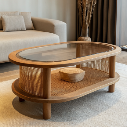 Wabi-sabi living room, fabric, Japanese tatami, small-sized apartment, rattan woven tea table, coffee table storage, circular homestay storage - Image 9
