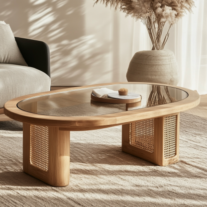 Wabi-sabi style solid wood round coffee table, homestay style creative rattan weaving storage, original wood tea table, modern and simple living room - Image 5