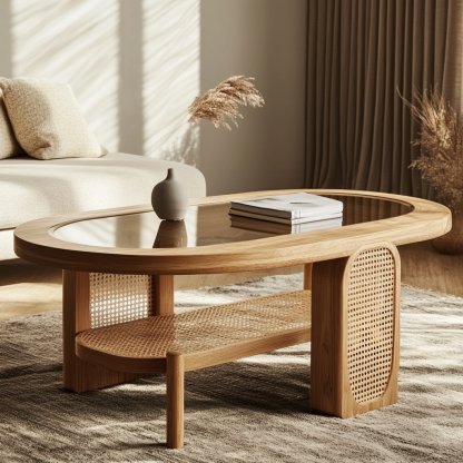 Wabi-sabi style solid wood round coffee table, homestay style creative rattan weaving storage, original wood tea table, modern and simple living room - Image 4