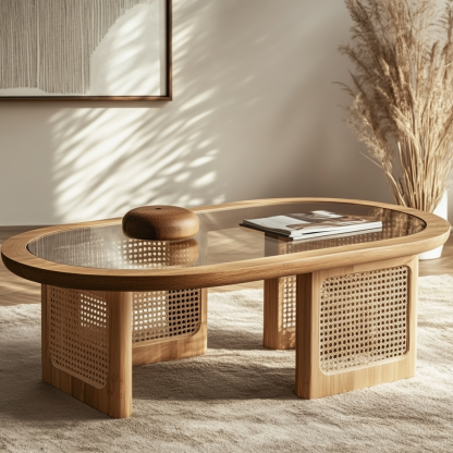 Wabi-sabi style solid wood round coffee table, homestay style creative rattan weaving storage, original wood tea table, modern and simple living room - Image 3