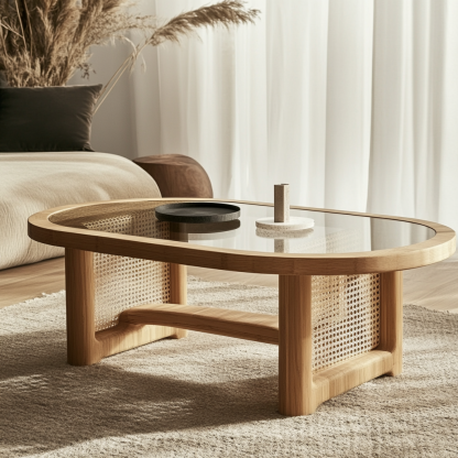 Wabi-sabi style solid wood round coffee table, homestay style creative rattan weaving storage, original wood tea table, modern and simple living room - Image 2