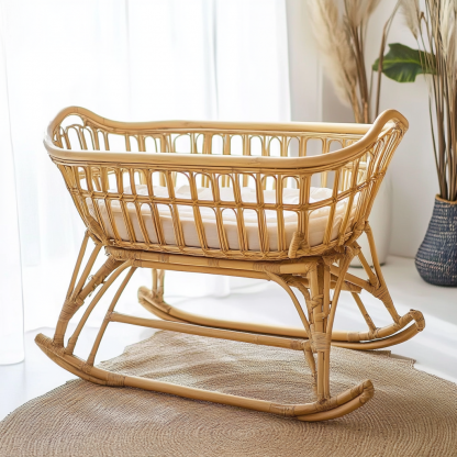 Wabi-sabi style solid wood rattan baby crib, modern and simple Japanese style, wabi-sabi style, retro original solid wood rattan baby crib - Image 7