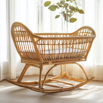 Wabi-sabi style solid wood rattan baby crib, modern and simple Japanese style, wabi-sabi style, retro original solid wood rattan baby crib - Image 5