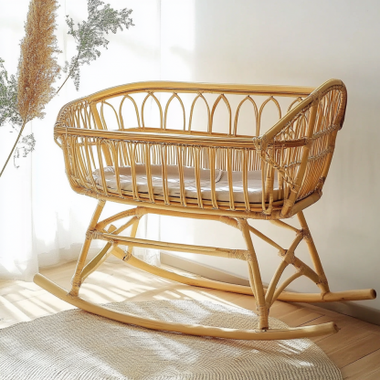Wabi-sabi style solid wood rattan baby crib rocking home modern and simple natural wood color bedroom style modern, simple and retro - Image 6