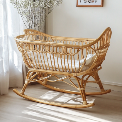 Wabi-sabi style solid wood rattan baby crib, moon-sitting style children's double student homestay, campsite, terrace, small apartment - Image 8