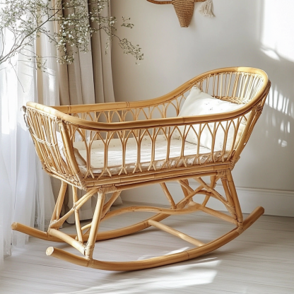 Wabi-sabi style solid wood rattan baby crib, moon-sitting style children's double student homestay, campsite, terrace, small apartment - Image 7