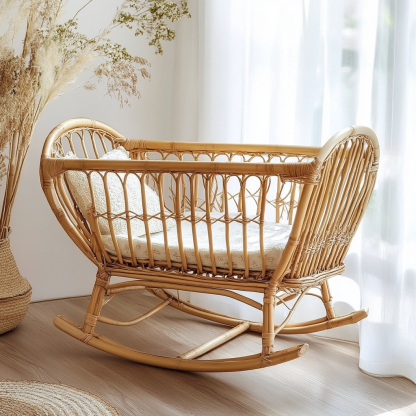 Wabi-sabi style solid wood rattan baby crib, moon-sitting style children's double student homestay, campsite, terrace, small apartment - Image 6