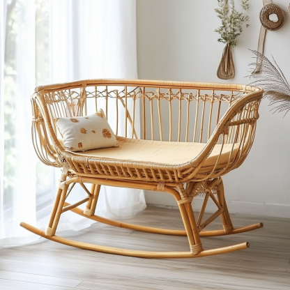 Wabi-sabi style solid wood rattan baby crib, moon-sitting style children's double student homestay, campsite, terrace, small apartment - Image 4