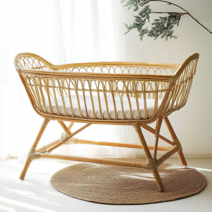 Wabi-sabi style baby solid wood rattan bed bedroom, new Japanese-style home inn hotel bed - Image 6