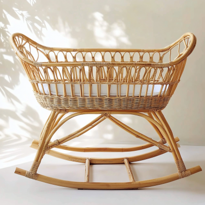 Wabi-sabi style solid wood rattan baby crib, modern and simple Japanese style, wabi-sabi style, retro original solid wood rattan baby crib - Image 9