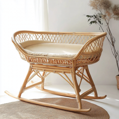 Wabi-sabi style solid wood rattan baby crib rocking home modern and simple natural wood color bedroom style modern, simple and retro - Image 2