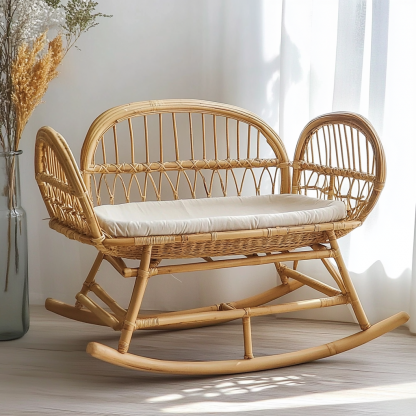 Wabi-sabi style solid wood rattan baby crib, modern and simple Japanese style, wabi-sabi style, retro original solid wood rattan baby crib - Image 4