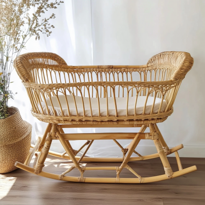 Wabi-sabi style solid wood rattan baby crib, modern and simple Japanese style, wabi-sabi style, retro original solid wood rattan baby crib - Image 3
