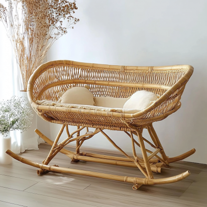 Wabi-sabi style solid wood rattan baby crib, modern and simple Japanese style, wabi-sabi style, retro original solid wood rattan baby crib - Image 2