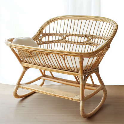 Wabi-sabi style baby solid wood rattan bed bedroom, new Japanese-style home inn hotel bed - Image 5