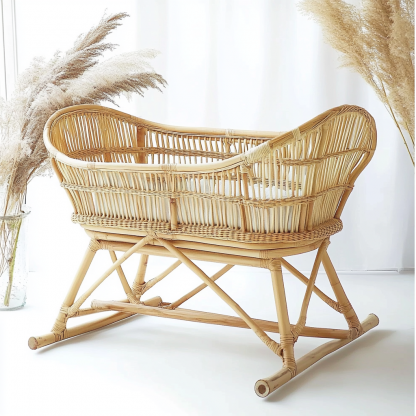 Wabi-sabi style baby solid wood rattan bed bedroom, new Japanese-style home inn hotel bed - Image 4