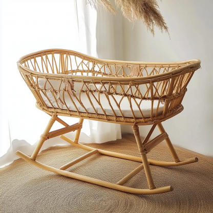 Wabi-sabi style baby solid wood rattan bed bedroom, new Japanese-style home inn hotel bed - Image 3