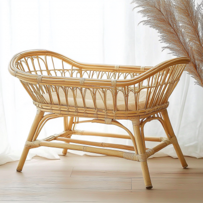 10 Wabi-sabi style solid wood rattan baby bed, Japanese-style solid wood bed, home bedroom, homestay balcony baby bed - Image 2