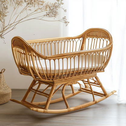 Wabi-sabi style solid wood rattan baby crib, moon-sitting style children's double student homestay, campsite, terrace, small apartment - Image 3