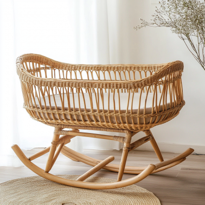 Wabi-sabi style solid wood rattan baby crib, moon-sitting style children's double student homestay, campsite, terrace, small apartment - Image 2