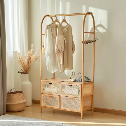 Wabi-sabi style wicker floor-standing coat rack for homestays and hotels, decorative items for model rooms, Zen, Japanese and Chinese retro styles