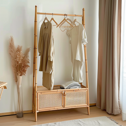 Model room, Chinese-style retro Zen-inspired rattan weaving, Japanese-style guka, homestay hotel, clothes drying rack with wheels, bedroom decoration - Image 8