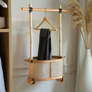 A floor-to-ceiling, space-saving, open, movable iron rack for storing clothes at the bedside in the bedroom