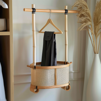 A floor-to-ceiling, space-saving, open, movable iron rack for storing clothes at the bedside in the bedroom