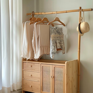 Wabi-sabi style wicker floor-standing coat rack for homestays and hotels, decorative items for model rooms, Zen, Japanese and Chinese retro styles