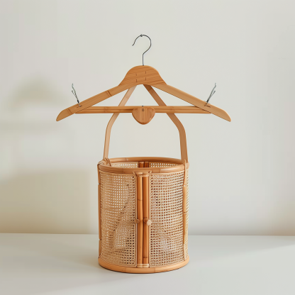 The wooden home is a solid wood coat rack, a portable household clothes storage rack, a round wicker dirty clothes basket, and a floor-standing bedroom clothes hanger - Image 8