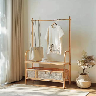 Model room, Chinese-style retro Zen-inspired rattan weaving, Japanese-style guka, homestay hotel, clothes drying rack with wheels, bedroom decoration