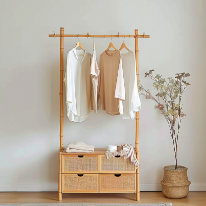 Model room, Chinese-style retro Zen-inspired rattan weaving, Japanese-style guka, homestay hotel, clothes drying rack with wheels, bedroom decoration - Image 6