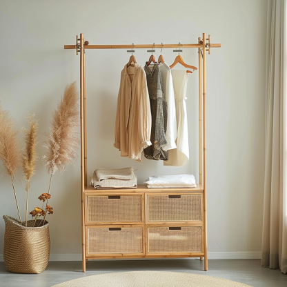 Model room, Chinese-style retro Zen-inspired rattan weaving, Japanese-style guka, homestay hotel, clothes drying rack with wheels, bedroom decoration - Image 5