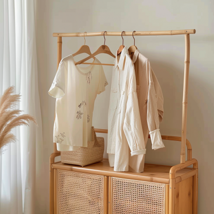 Model room, Chinese-style retro Zen-inspired rattan weaving, Japanese-style guka, homestay hotel, clothes drying rack with wheels, bedroom decoration - Image 4