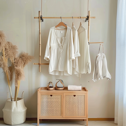 Model room, Chinese-style retro Zen-inspired rattan weaving, Japanese-style guka, homestay hotel, clothes drying rack with wheels, bedroom decoration - Image 3