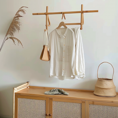 Model room, Chinese-style retro Zen-inspired rattan weaving, Japanese-style guka, homestay hotel, clothes drying rack with wheels, bedroom decoration - Image 2