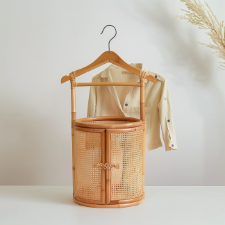 The wooden home is a solid wood coat rack, a portable household clothes storage rack, a round wicker dirty clothes basket, and a floor-standing bedroom clothes hanger