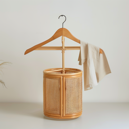 The wooden home is a solid wood coat rack, a portable household clothes storage rack, a round wicker dirty clothes basket, and a floor-standing bedroom clothes hanger - Image 5